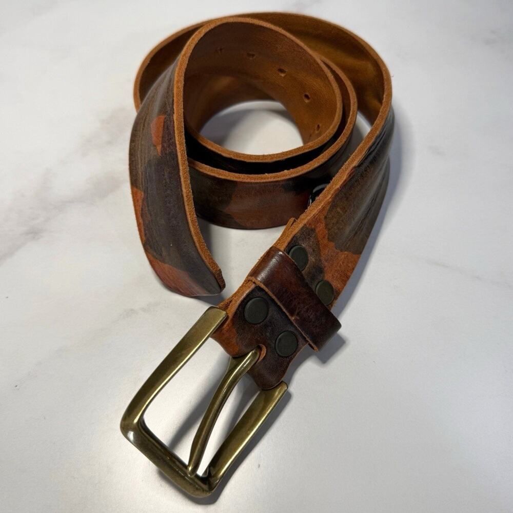 BRAVE Beltworks SKRUNCHY Italian Leather Belt Size 32 Brown Camo Handcrafted